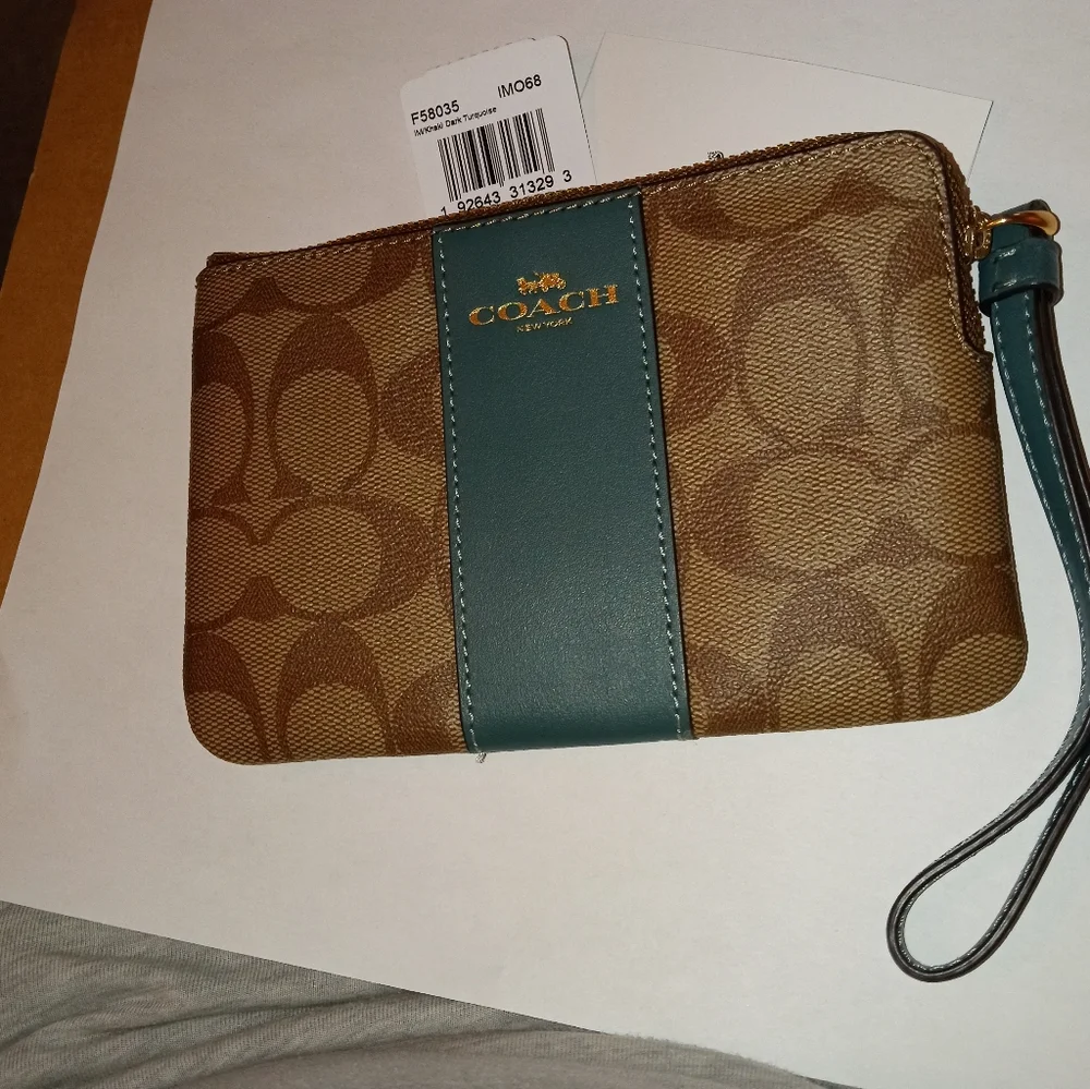 ♦Coach VTG Corner Zip Wristlet F58035-Khaki & Dark Turquoise- Brand New With Tag - Picture 4 of 16